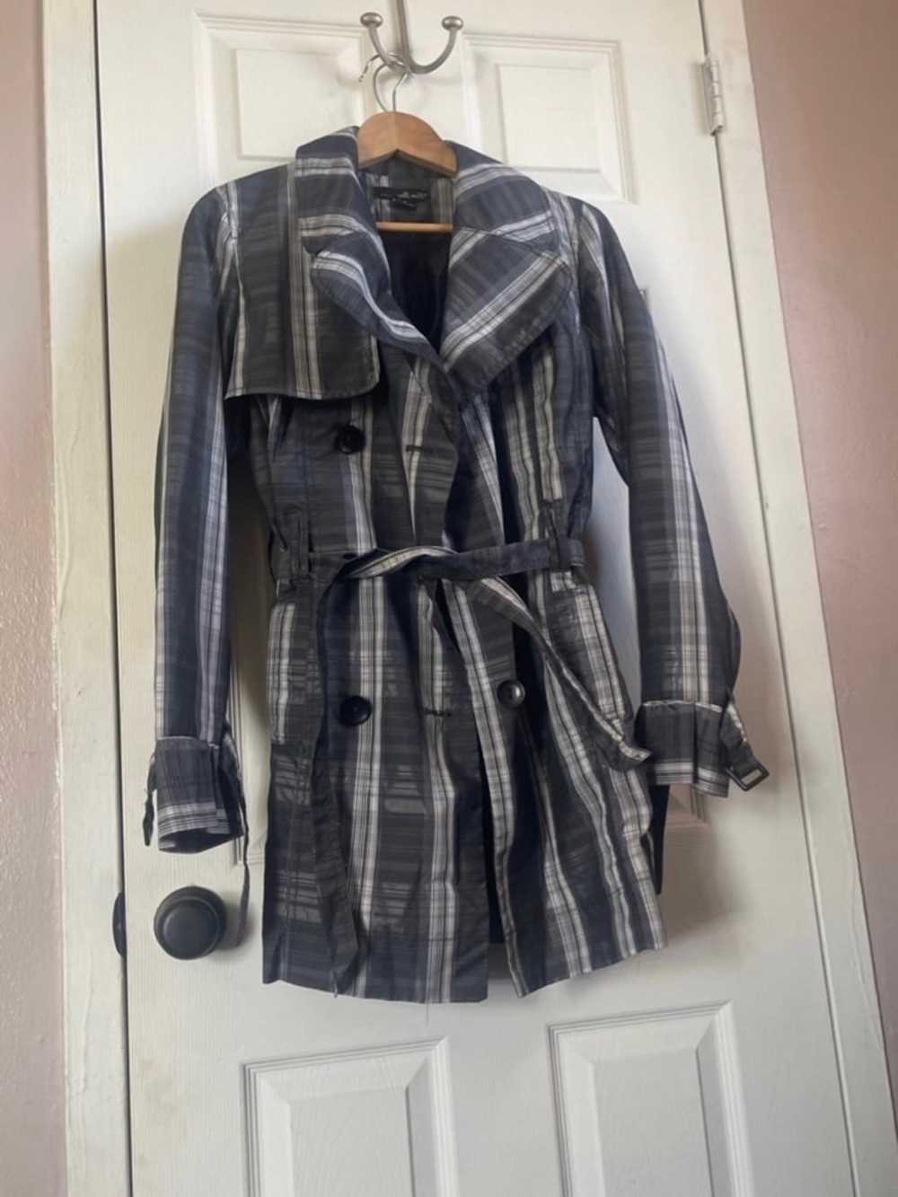 Willi Smith Gray Plaid Double-Breasted Trench Coat